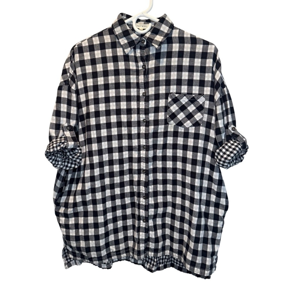 Lac Bleu Womens Black Gingham Buffalo Check Flannel Button Down Tunic Top S